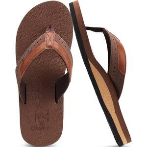 👑Men's Flip Flop Sandal Brown White Leather Slip On Arch Support Comfort Shoes